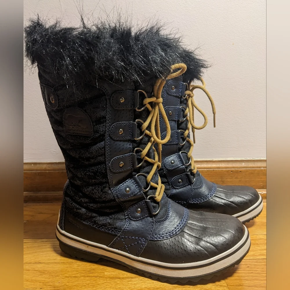 SOREL Tofino II Fleece Lined Waterproof Snow Boots Blue Black Camo Faux Fur 7.5